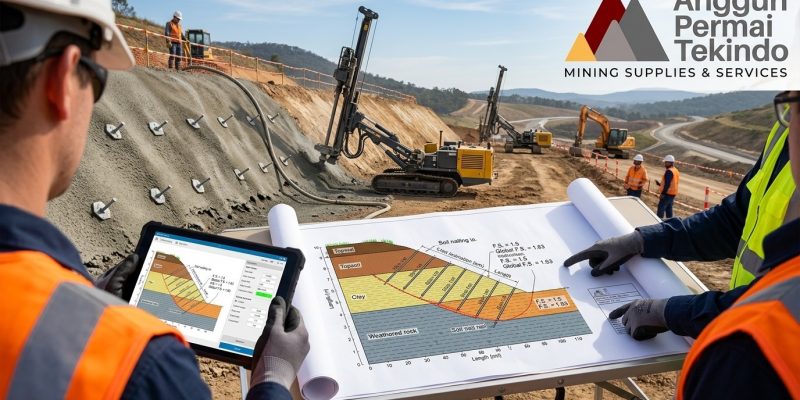 parameter desain soil nailing, desain soil nailing, daftar periksa soil nailing, kapasitas cabut nail, bond strength, faktor keamanan lereng, facing shotcrete, pull-out test, jarak nail, panjang nail, korosi nail
